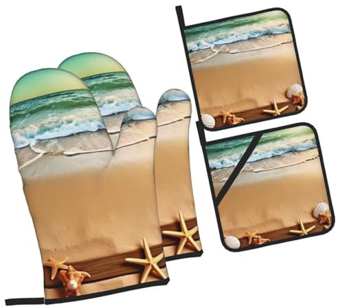 Mitaines De Cuisine Thème De La Plage De L'Océan Antidérapant Gauntlet Professionnel Maniques Cuisine pour Grillade Femmes Cuisson,4 Pièces