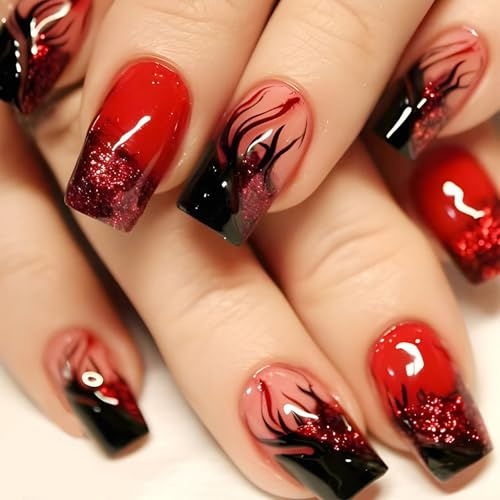 Ceboic 24 Stück Rot Glitzer Press on Nails Mittel, Französische Nägel zum Aufkleben Full Cover Kunstnägel Square Natürlich Künstliche Nägel, Wiederverwendbar Acryl Fingernägel Fake Nails für Frauen