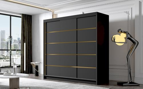 Gaba furniture Gold Series 200 cm Black Sliding Door Wardrobe Widths 100/120/150/180/200/250 cm Furniture for Bedroom Living Room Wardrobe with Hanging Rail White/Black/Cashmere