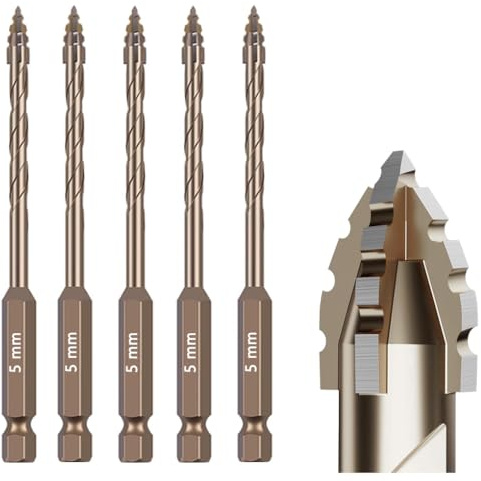 5-teiliges Steinbohrer-Set mit Wellenschliff, 5 mm, titanbeschichteter Hochgeschwindigkeitsstahl, exzentrisches Nut-Design zum Trockenbohren von Beton, Fliesen, Glas, Ziegel und Metall, industrielle