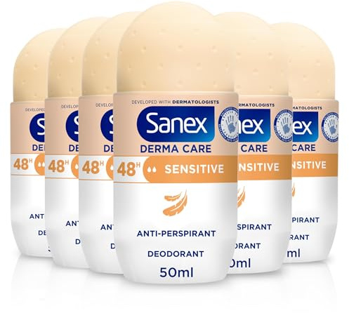 Sanex Derma Care Sensitive 48-Hour Antiperspirant Roll-On Deodorant 6x50ml – long-lasting freshness against sweat and odour – gently cares for skin – contains 0% alcohol*