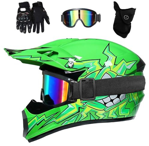 Dual Sport Full Face Motocross Helmet, Youth Kids Fashion Off Road ATV Scooter Motorbike Helmets, Downhill BMX Quad Dirt Bike Enduro Racing Helmet, with Goggles Gloves Mask(Black,XL/58-59CM)