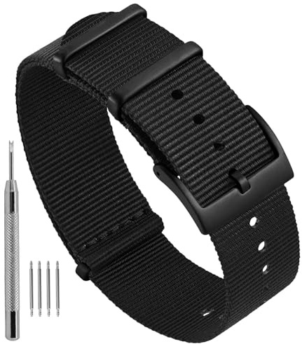 Ayadoo Nylonband i ett stycke randigt klockarmband i militär stil ersättningsband med rostfritt stålspänne för män och kvinnor, bandbredd 18 mm 20 mm 22 mm, Svart (svart spänne), 18mm, Nato