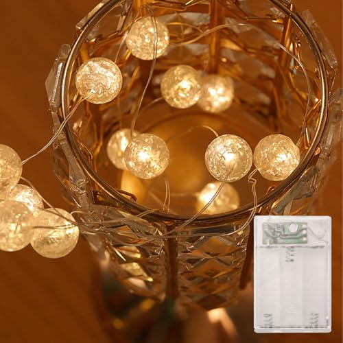 Kaleora Lichterkette Kristall Kugeln, 2M 20 LED Lichterkette Kristallkugeln Batteriebetrieben, 2 Modi, Kristall Crackle Kugeln Lichterketten für Weihnachten, Geburtstag, Schlafzimmer, Party, Warmweiß