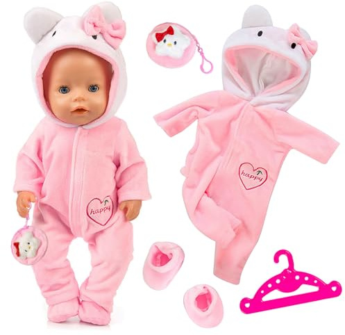 4-Teiliges Puppenkleidung für 14-17 Zoll Puppen, 35–43 cm Süße Puppen Kleidung mit 1 Rosa Overall + Kleiderbügel + Socken + Kätzchen-Anhänger, Rosa Puppenkleidung, Tolles Geschenk für Kinder