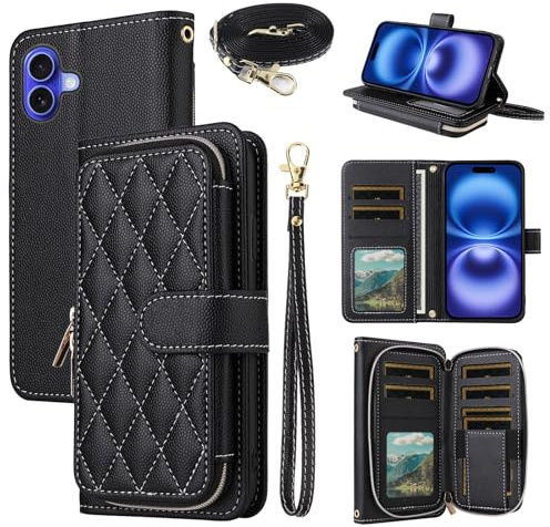 ELISORLI Argyle Wallet Case for iPhone 16 6.1 inch, Stand, Women Men Black | Wrist Strap Shoulder Strap, Luxury PU Leather Zipper Purse, Flip Credit Card Holder, Phone Cover for i Phone16 i16 16Case