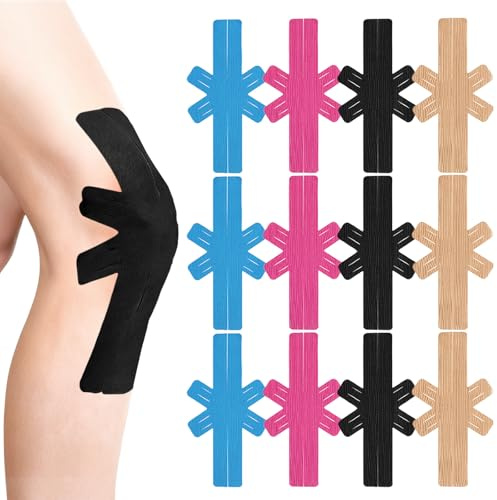 Kinesiotapes Vorgeschnitten Knie, 12 Stück – Wasserdichtes & Hautfreundliches Physio Tape bei Knieschmerzen. Sport Tape zur Stabilisierung & Haltungskorrektur, Vorgeschnitten für Perfekten Sitz