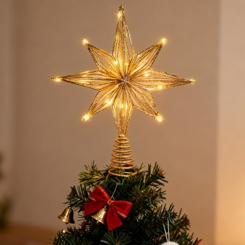 Christmas Tree Topper Lighted, Glittered Xmas Hollow Star Treetop Toppers Ornaments with LED Lights Christmas Tree Decorations for Xmas New Year Holiday Decorations