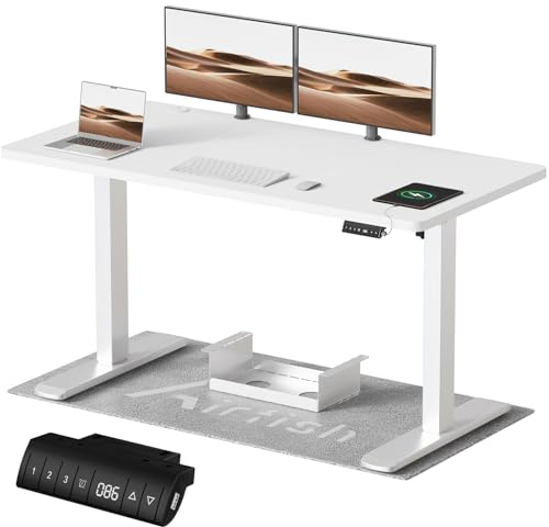 Airfish Höhenverstellbarer Schreibtisch mit USB-Buchse, Elektrisch Schreibtisch mit Kabelwanne, Computertisch, Bürotisch, Stehpult mit Erinnerung an sitzende Tätigkeiten, 160x80 cm, Weiß