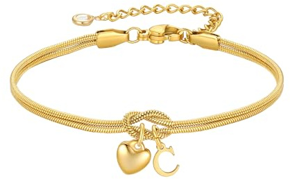 TINGN Bracelet en Or pour Femmes et Filles - Bracelet à Nœud Plaqué Or 18K avec Lettres Personnalisées, Pendentif en Forme de Cœur, Bracelets de l'Amour, Bracelets de Demoiselle d'Honneur, Cadeaux