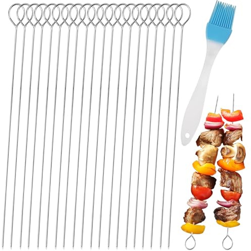 21 Pièces Brochettes Inox 30 cm avec Pinceau Silicone pour Barbecue