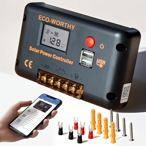 ECO-WORTHY 12V/24V 30A Laderegler Solar PWM mit Bluetooth & APP | 2 USB-Anschlüssen,Batterie Controller für AGM/LiFePO4/GEL