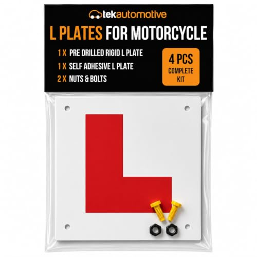 Tek Automotive Motorcycle L Plate Kit – 4 Pcs Motorbike L Plates Set | 1 Rigid Rear Plate with Pre-Drilled Holes & Bolts, 1 Self Adhesive Front Sticker, Road Legal, Weatherproof