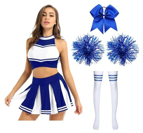 CNYUON Cheer Leader kostymer skolflicka dans outfit kvinnor Cheerleading, uniform, magtröja, veckad kjol, pompomstrumpor, prestanda, kostym för Cheerleading, klänning (blå B, XXL)