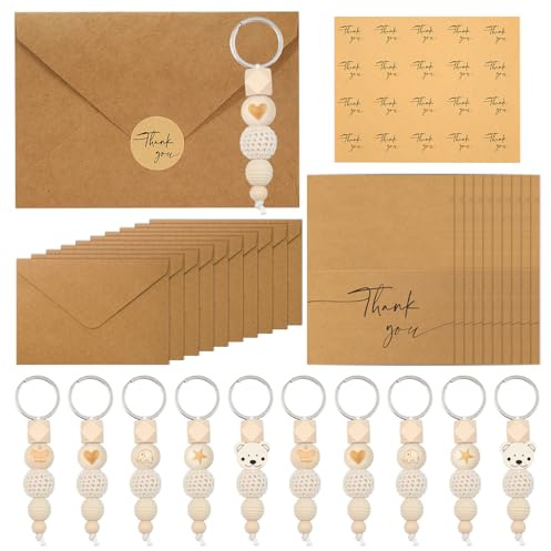10 Stk Dankeschön Geschenke Schlüsselanhänger Holz Perlen Schlüsselanhänger | Holz Perlen Schlüsselanhänger mit 10 Dankeskarten und Umschlag Ein Siegelaufkleber Klein Danke Geschenk für Lehrerin,Freunde