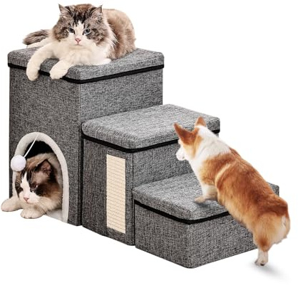 4-in-1 Foldable Dog Stairs for Bed & Sofa, 3 Step Pet Ladder with Storage Boxes, Cat House, Scratcher & Toy Ball, Anti-Slip for Small, Senior, Short-Leg & Injured Dogs & Cats