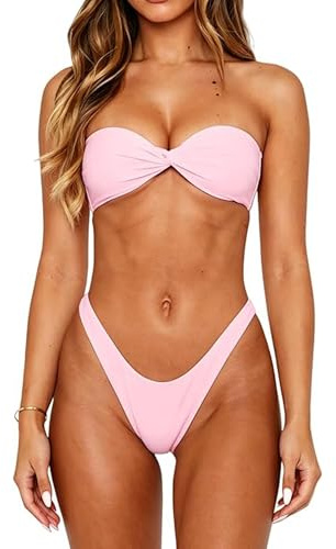 Women Bandeau Bikini Set Y2K Twist Front Strapless Tube Bikini Top High Cut Cheeky Thong 2 Piece Bathing Suit Beachwear