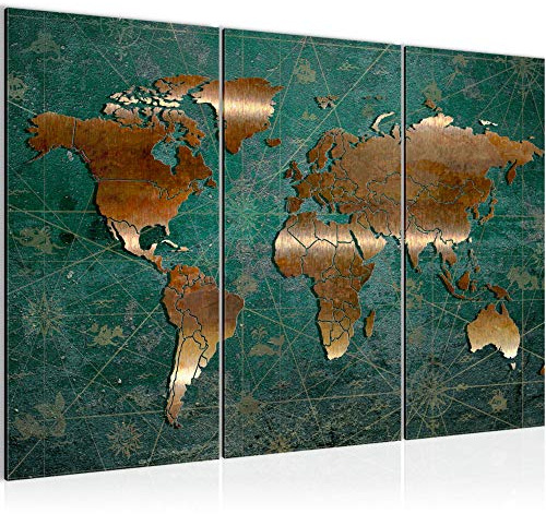 Runa Art Världskarta Väggmålningar vardagsrum XXL Grön Brun Antik 120 x 80 cm 3 Delar Väggdekoration 109031b