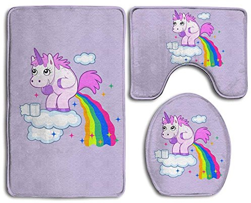 Juego de 3 alfombrillas antideslizantes para baño, diseño de unicornio, con tapa de inodoro y alfombrilla de baño.