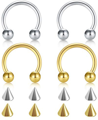 D.Bella 14G Piercing Nez Anneaux Piercing Septum Horseshoe Helix Tragus Nombril Oreille Piercing Lèvre Sourcil avec des Pointes de Bboules de Remplacement 4 Pièces 10mm or & argent