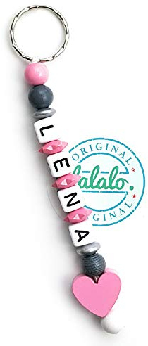 LALALO Schlüsselanhänger Herz Rosa, personalisierbar mit Namen, Namensanhänger mit Prägung, Namenskette für Frauen & Mädchen, Geschenk zum Schulanfang, Einschulung, Kindergarten, Rucksack