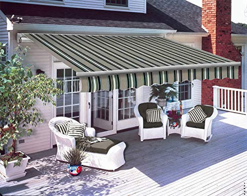 Green Bay 2.5 x 2m Retractable Manual Awning DIY Folding Awning Patio Garden Sun Shade Canopy Gazebo Multi-Stripe with Fittings and Crank Handle