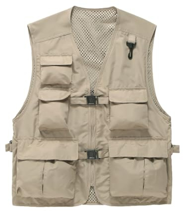 Daoba Chaleco para Hombres y Mujeres al Aire Libre con Múltiples Bolsillos para Camping, Pesca, Fotografía, Chaleco Casual de Abrigo, beige, S