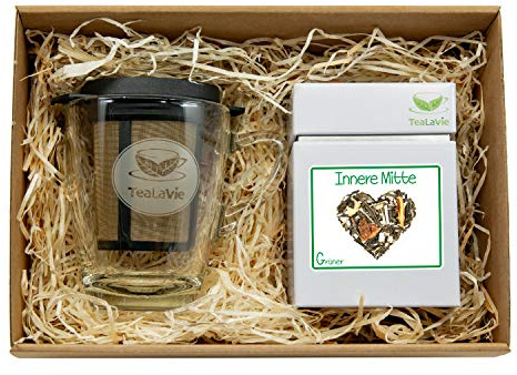 TEALAVIE – Tee Geschenk Set - TeaForOne Innere Mitte | Stilvolles Teeglas mit Dauerfilter und exklusiver Teedose – 100g Grüntee – Ingwer Zitrone – Tea-For-One-Set mit Sieb