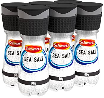 Schwartz Sea Salt 60 G | Jar with Grinder | Pack of 6 | Coarse, Medium, or Fine Texture | Naturally Harvested Crystals | High Concentration of Minerals and Enhanced Flavour