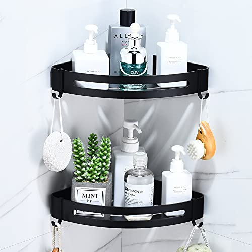 Duschregal Schwarz, Duschablage Ohne Bohren Badezimmer Regal Eckregal mit Haken Wandmontage Duschkorb Bad Accessoires, Metall Duschablagen Badregal, Anti-Rost Bad Eckablage (2 Stück, Matt)