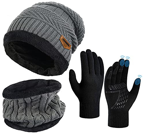 OOPOR Vintermössa halsduk handskar set – varm stickad mössa keps cirkel halsvärmare pekskärm handske utomhussport supermjuk fleece innerfoder stretchig elastisk present till män kvinnor, Grå, one size