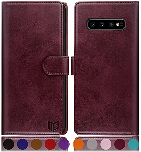 SUANPOT [RFID Schutz für Samsung Galaxy S10 hülle PU Leder handyhülle Lederhülle klapphülle Kartenfach Flip Phone Case Cover für Samsung S10 Handy hülle Phone case Cover Rotwein