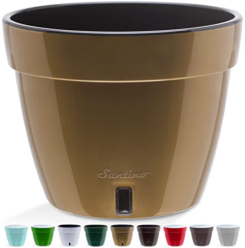 Santino ASTI Maceta de Riego Automático con Indicador de Nivel de Agua, Redonda, para Plantas, Flores, Hierbas (Ø 30 cm, Altura 23 cm, 12 L, Dorado/Negro)
