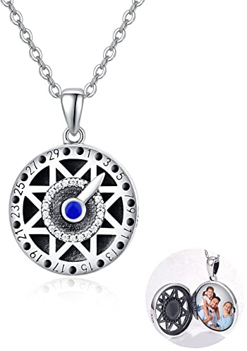ABIGY Medaljong Kompass Halsband Innehåller Bilder, 925 Silver Minne Kompass Medaljong Foto Hänge Kompass Bild Halsband Kompass Smycken Present till Kvinnor Flickor Mormor, 20mm, Sterlingsilver,