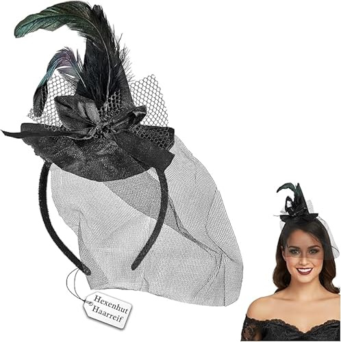 Balinco Hexenhut für Damen und Kinder – Haarreif mit Schleier, Federn & Schleife, Hexen Zubehör und Kostüm deko für Halloween, Karneval & Mardi Gras, Einheitsgröße
