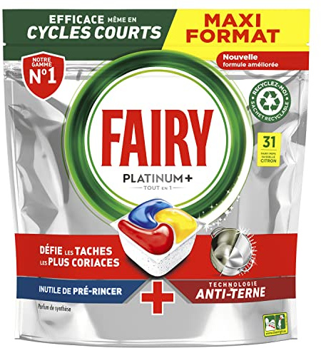 FAIRY Platinum Plus Tablettes Lave-Vaisselle All In One, Citron, Nettoyage Optimal Pour Une Vaisselle Propre Comme Neuve, Redonne De L’Éclat Et Prévient Le Calcaire, 31 Capsules