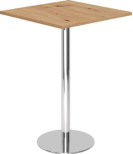 bümö Stehtisch Büro, Bistrotisch eckig 80 x 80 cm - Bartisch Asteiche, Stehtisch Holz-Platte, Säule aus Metall verchromt, Buffettisch, Säulentisch, Partytisch, Thekentisch, Hochtisch, Barmöbel