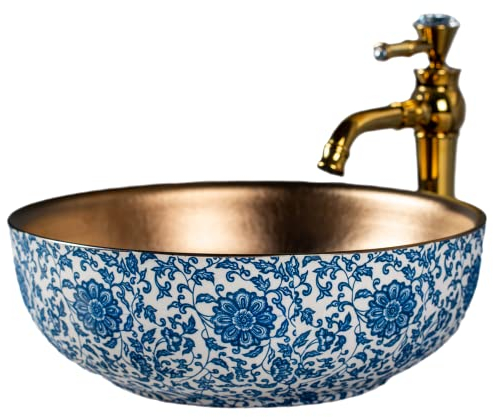Lavabo de luxe, bleu et or couleur art céramique comptoir vasque pour salle de bain et ferme, vanité vasques diamètre: 41cm