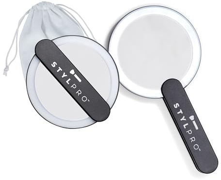 STYLPRO Twirl Me Up, Handheld LED Mirror, Swivel/Foldable Handle, Portable, USB Rechargeable, Soft Touch Pouch for Travel, Black