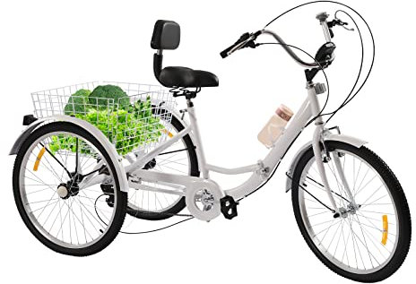 24 Zoll Dreirad für Erwachsene, Klappbar 3 Rad Fahrrad 7 Gang Dreirädriges Cruiser-Fahrrad Mit Rückenlehne, LED Licht & Großen Korb - Höhe Einstellung für Sport, Einkaufen, Picknicks (Weiß)