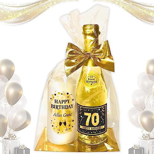 AV Andrea Verlag Hochwertiges Geschenkset - Piccolo 22 Karat Blattgold „70 Happy Birthday“ mit Geburtstagskerze - Secco Sekt mit Stumpenkerze Kerze | Geschenk zum 70. Geburtstag Pfeif auf's Alter
