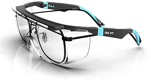 DEX FIT Safety Glasses Over Eyeglasses SG210 - Anti-Fog & Scratch Resistant EN166 Certified, Adjustable Temples, Side Shields, UV Protection, Clear Lens PPE for Men & Women; Black & Blue, 6 Pack