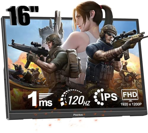 Pisichen Portable Monitor 120Hz Gaming Display, 16 Inch USB C HDMI Portable Monitor 1920X1200P IPS Screen, Plug&Play, HDR External Travel Monitor for Laptop PC Mac Xbox Phone PS4