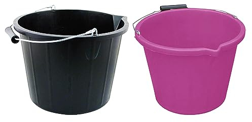 Set of 2- Plastic Builders Bucket 3 Gallon 14 Litre Water Mixing Storage Strong with Measuring Guide, Handle And Spout For Home and Garden (Pink, Black)