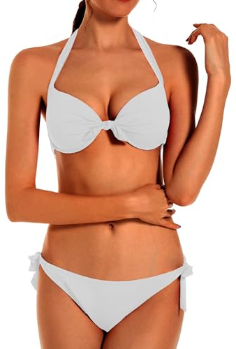 EONAR Femme Deux Pièces Maillot de Bain Push Up Bikini Hauts Soutien-Gorge de Bain et Bas de Maillot avec Latéraux(S,White)