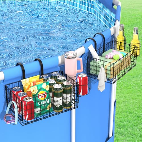 Luxspire Pool Aufbewahrungskorb, 2 Stück Frame Pool Kord mit Getränkehalter Faltbar Gartenpool Organizer Aufbewahrungsbox Pool Seitenkorb für Aufstellpool Schwimmbecken Kinderpool Poolzubehör, Schwarz