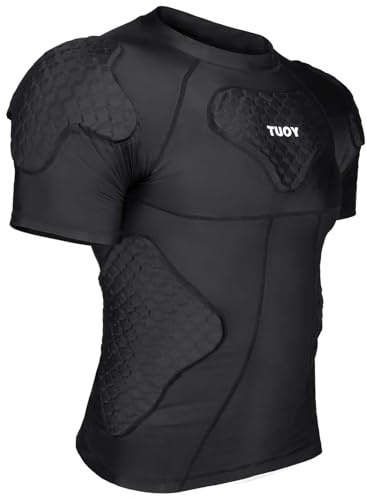 TUOY New Football Rib Chest Protector Shirt Padded Compression Shirts 6 Pads Adult Sizes Dark Black