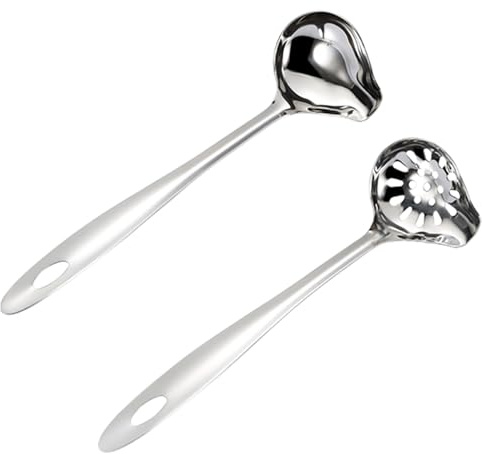 2 Pcs Duckbill Serving Spoon, with Pouring Spout, Soup Ladle Spoon, Slotted Spoon, Gravy Spoon, Sauce Spoon, Cooking Spoon, Kitchen Utensils Set, Stainless Steel