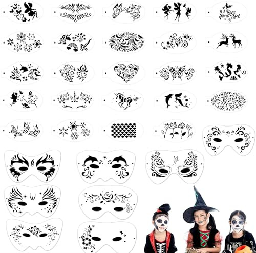 32 Stück Gesichtsmalerei Schablonen Kit für Kinder Erwachsene, Körper Malerei Vorlage für Party Urlaub Halloween Make-up Kunst Malerei, wiederverwendbare weiche Tattoo temporäre Schablonen