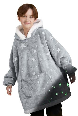 Giggling Getup Leuchtende Tragbare Decken Hoodie für Mädchen und Jungen, Übergrößer Flanel Sherpa Fleece Sweatshirt Decke mit Ärmeln, Warmer komfortabele Decke Geburtstagsgeschenke für Kinder Stern